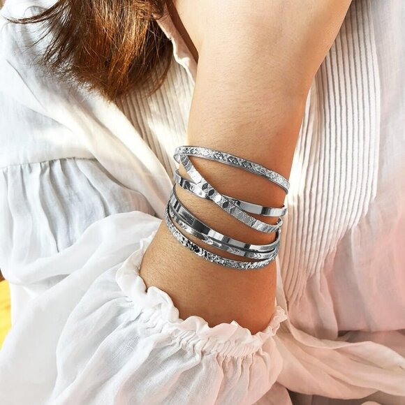 SILVER Bangles for Women, Open Adjustable Bangle Bracelets Multi Layer​ - Picture 3 of 9